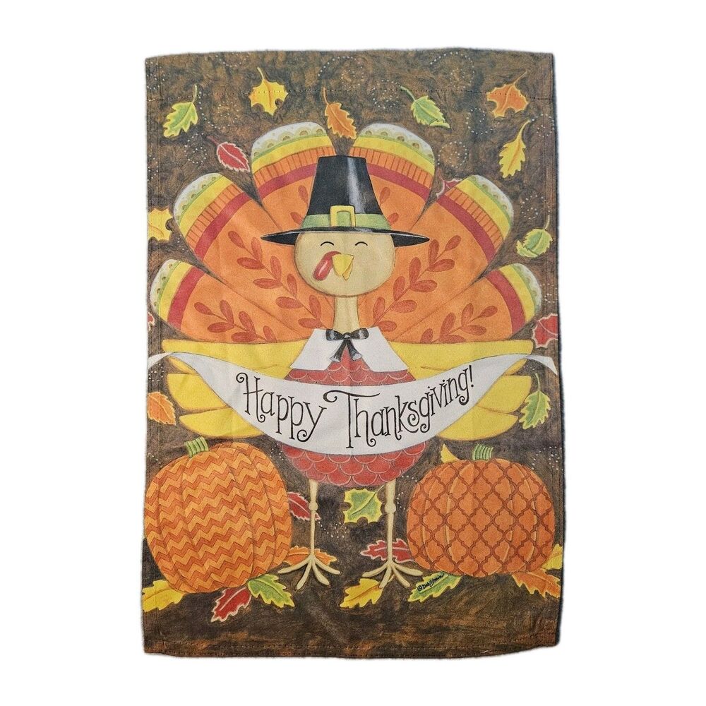 HAPPY THANKSGIVING " 18.5 x 13" GARDEN FLAG Turkey and Pumpkins with fall leaves